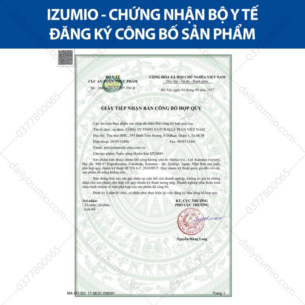 IZUMIO - CHỨNG NHẬN BYT AN TOÀN VỆ SINH THỰC PHẨM