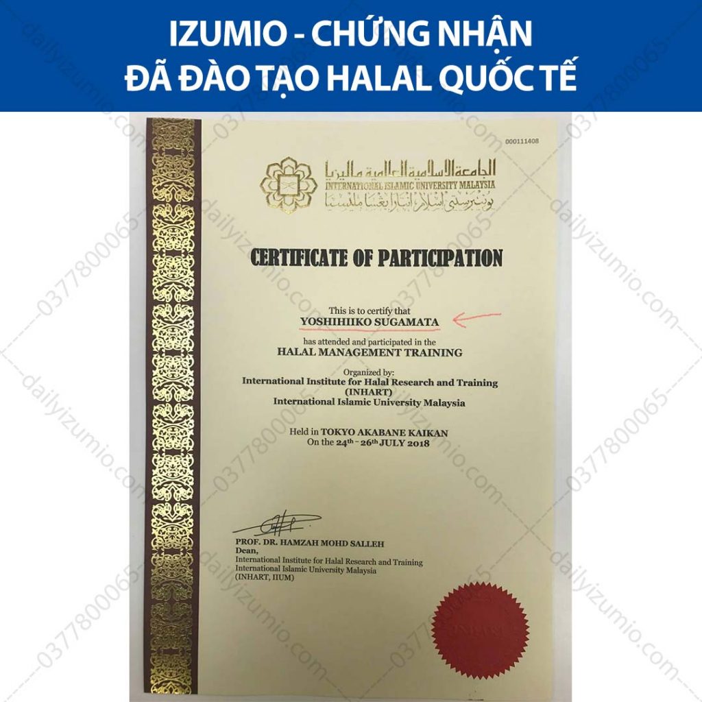 IZUMIO - Chứng nhận Đã đào tạo HALAL Malaysia