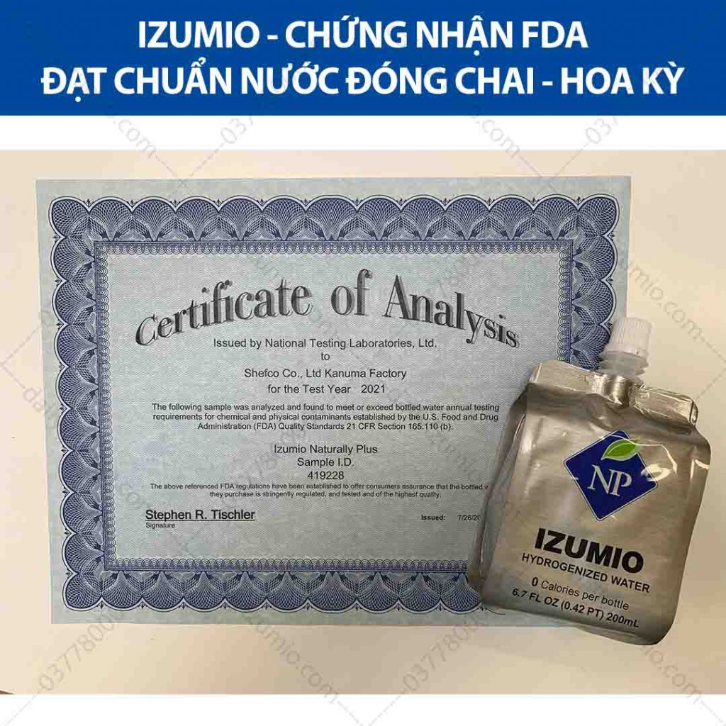 IZUMIO - CHỨNG NHẬN FDA ĐẠT CHUẨN NƯỚC ĐÓNG CHAI TẠI HOA KỲ