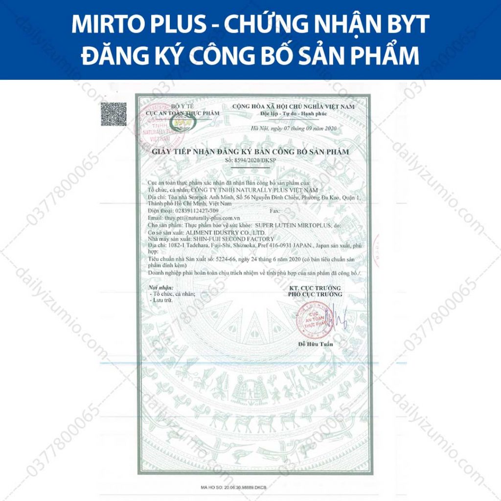 MIRTO PLUS - CHỨNG NHẬN BYT AN TOÀN VỆ SINH THỰC PHẨM